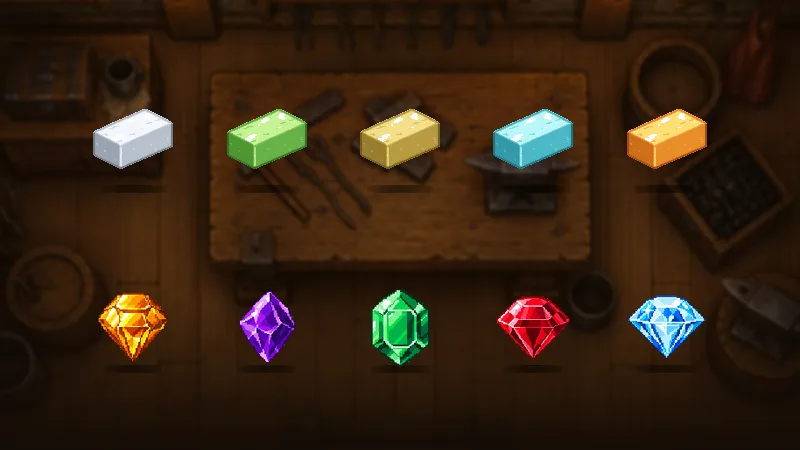 Five Special Metal ingots and five Gems on a workbench